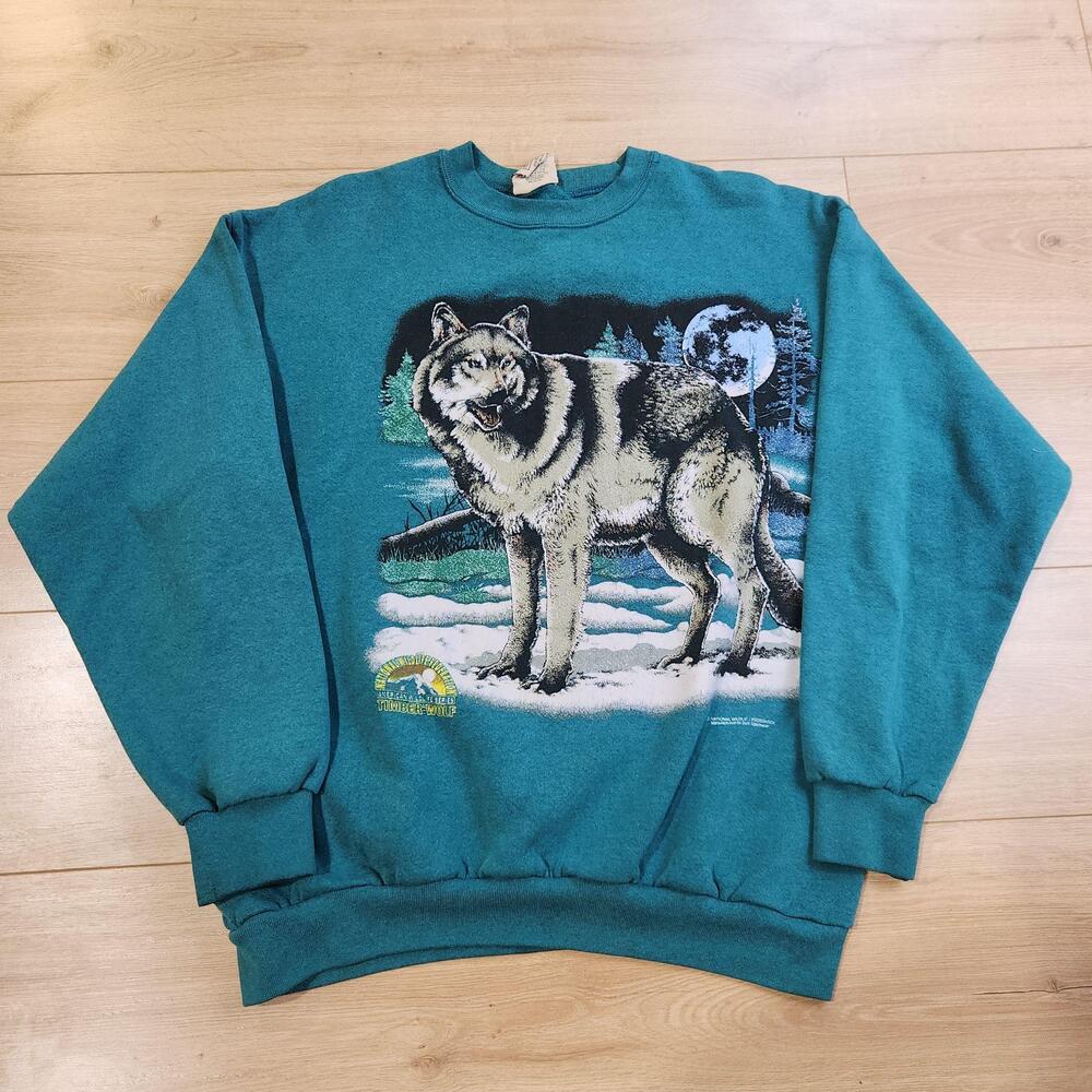 Vintage National Wildlife Federation Sweatshirt Mens 2XL Green Wolf Moon USA